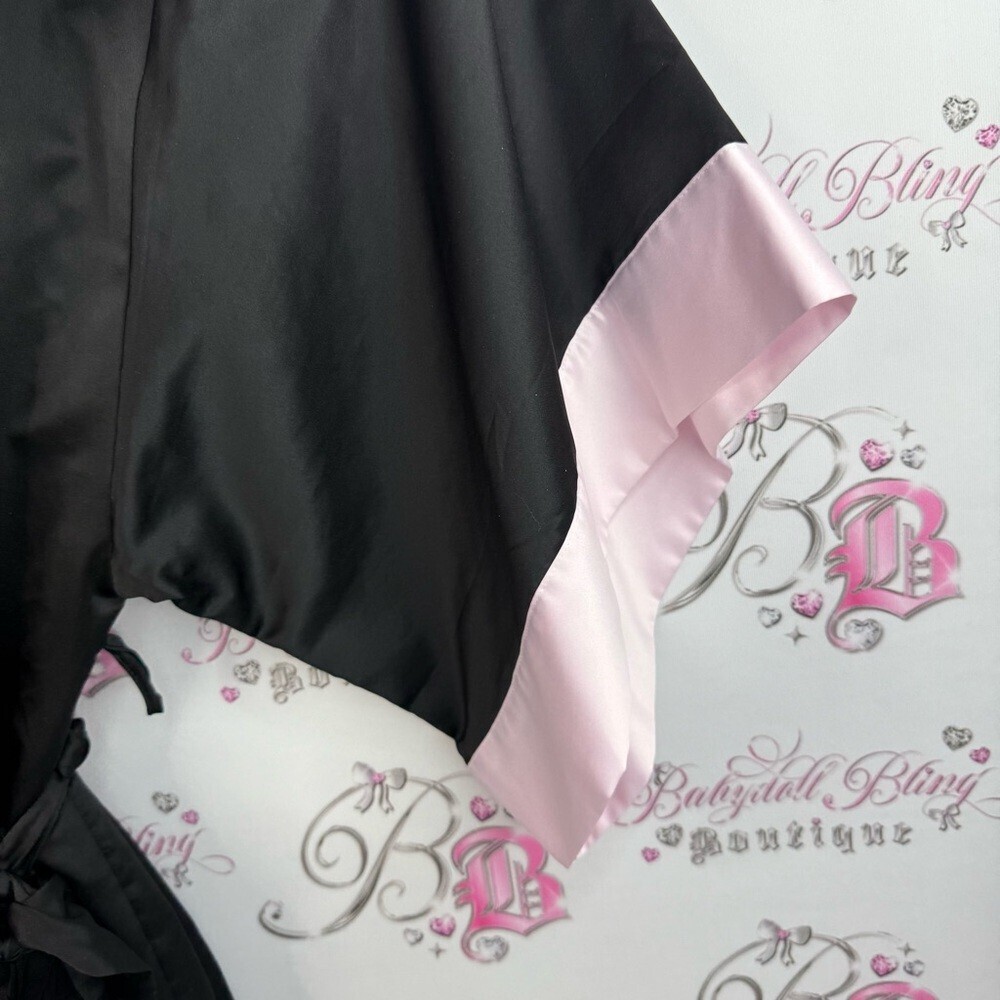 Victoria's Secret kimono robe shiny Satin Robe - Black with Light Pink Trim - Picture 7 of 10
